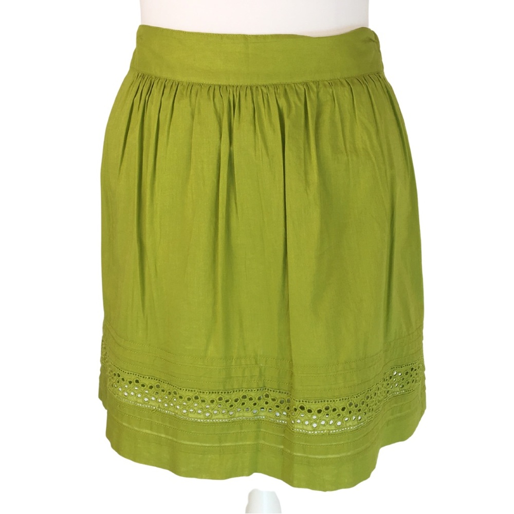 Loft Green Cotton Eyelet Delicate Gathered Layered Skater Skirt Petite size 2P - Picture 2 of 13